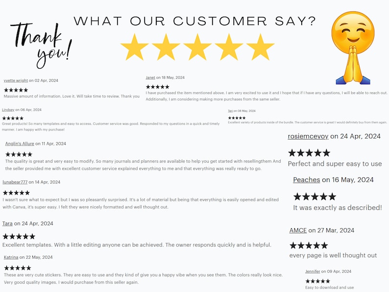 May include: A collage of customer reviews for a digital product. The reviews are all positive and include five-star ratings. The reviews highlight the ease of use, quality, and value of the product. The text "What Our Customer Say?" is at the top of the image. The text "Thank you!" is at the top left of the image. A smiling emoji with hands clasped in prayer is at the top right of the image.