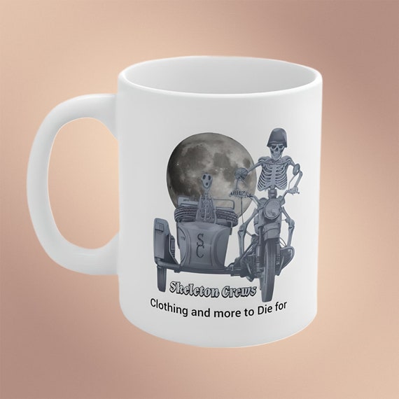 Motor Cycle Skeleton mug White Ceramic Mug 15oz Skeleton Crew Halloween drinkware Skeleton crew gift Halloween themed mug skeleton crew mug
