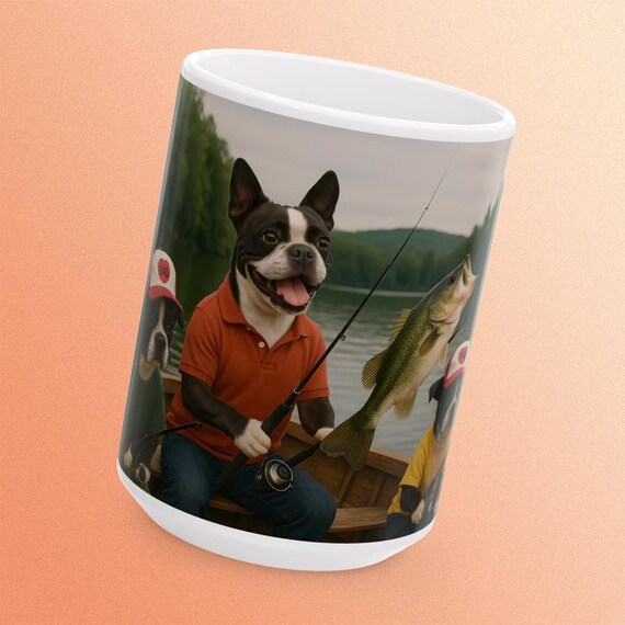 Boston Terrier Fishing Dog Ceramic Mug, Perfect Gift for Dog Lovers, Fun Fishing Decor, Unique Fathers day gift Pet Lover mug Gift