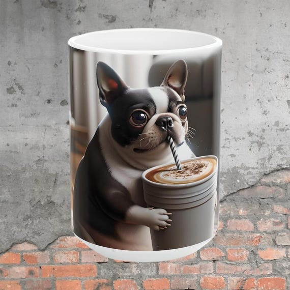 Boston Terrier coffee mug, animated cute animal art coffee cup, cute animal coffee mug, funny animated coffee mugs