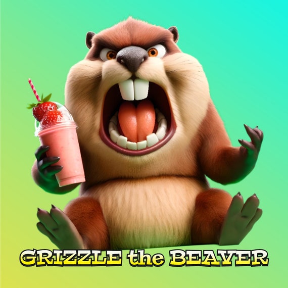 Animated Angry Beaver die-cut sticker, Mean Beaver holding strawberry smoothie sticker, Beaver tasty Fruit smoothie sticker 5”x5” or 6”x6”