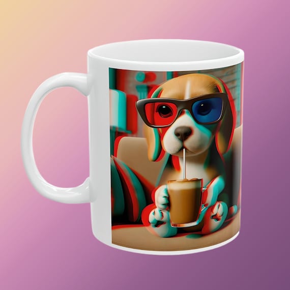 Animated Beagle 3D funny animal, coffee mug, Morning coffee in 3D, Popcorn pooch mug, Canine Cinema mug, 3D dog print on mug, Dog's lover.