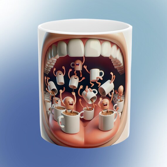 Dancing coffee mugs in large mouth