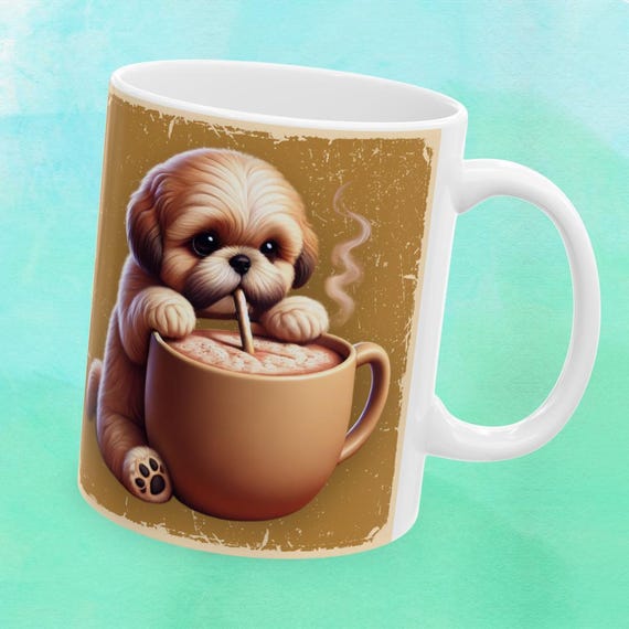 Shih Tzu coffee mug, animated cute animal art coffee cup, cute animal coffee mug, funny animated coffee mugs