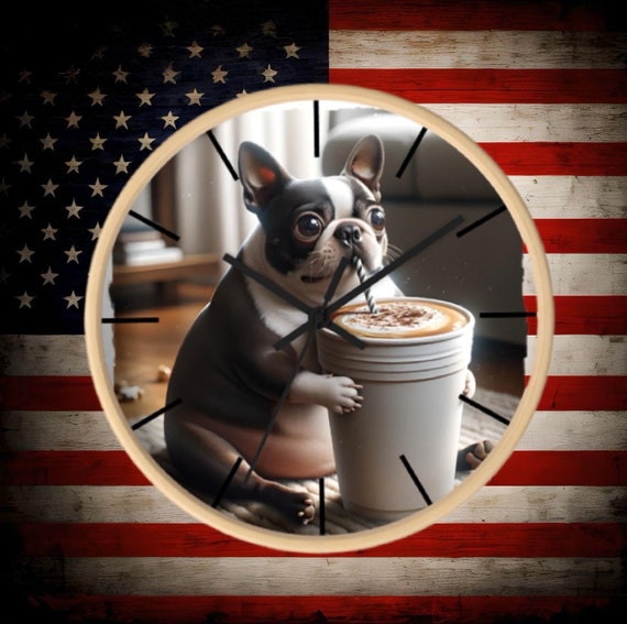 Boston Terrier funny animal themed 10" dia. wall clock with natural wood or black frame, two color option for hands, chubby Boston terrier