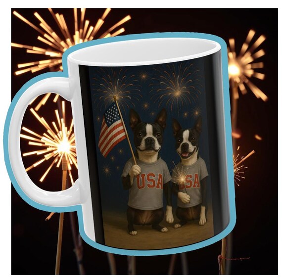 Patriotic Ceramic Mug , Boston Terrier themed Coffee Cup with American Flag, Gift for July 4th, Customizable Drinkware, Holiday Coffee Mug