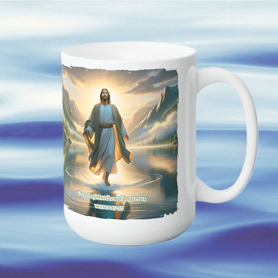 15 oz. White Ceramic Mug with Inspirational Christian Art, Faith-Based Mug: White 15 oz. White Ceramic Drinkware, Religious Gift Idea.