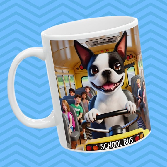 Boston terrier ceramic coffee mug, pet theme coffee mug, Ai illustrated art portraying your pet doing your occupation or hobby.