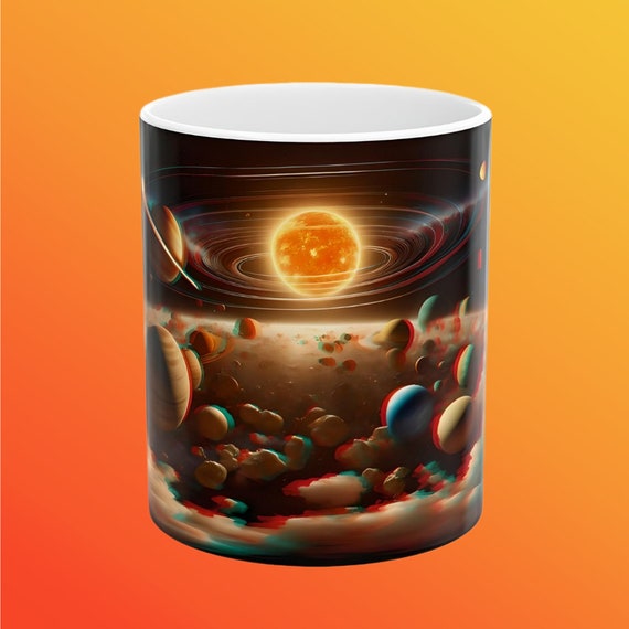 3D Solar System Panoramic Print Ceramic Coffee Mug - 11 oz. Space Theme Mug, Stunning Visual Experience, Astronomy Lover’s Gift, 3D glasses
