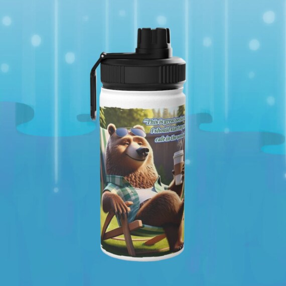 Coffee loving Grizzly bear water bottle, Insulated Stainless Steel Drinkware, Coffee-Themed Grizzly Bear Bottle, Ideal for Gym and Travel.