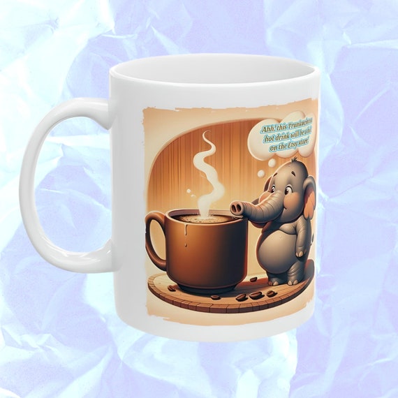 Cute elephant coffee mug print sniffing up a hot coffee drink funny elephant drinking coffee, printed art of a silly elephant loving coffee