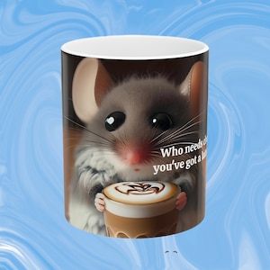 Cute mouse sipping latte coffee mug, cute cartoon mouse coffee cup, cute animals drinking coffee, cartoon art coffee cup