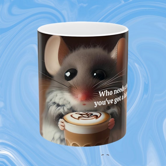 Cute mouse sipping latte coffee mug, cute cartoon mouse coffee cup, cute animals drinking coffee, cartoon art coffee cup