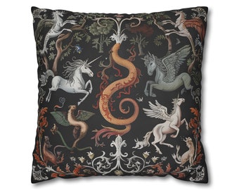 Funda de almohada cuadrada de gamuza sintética con diseño de bestiario medieval, funda de almohada de unicornio gótico, funda de cojín con criaturas fantásticas, decoración de cabaña de estética oscura