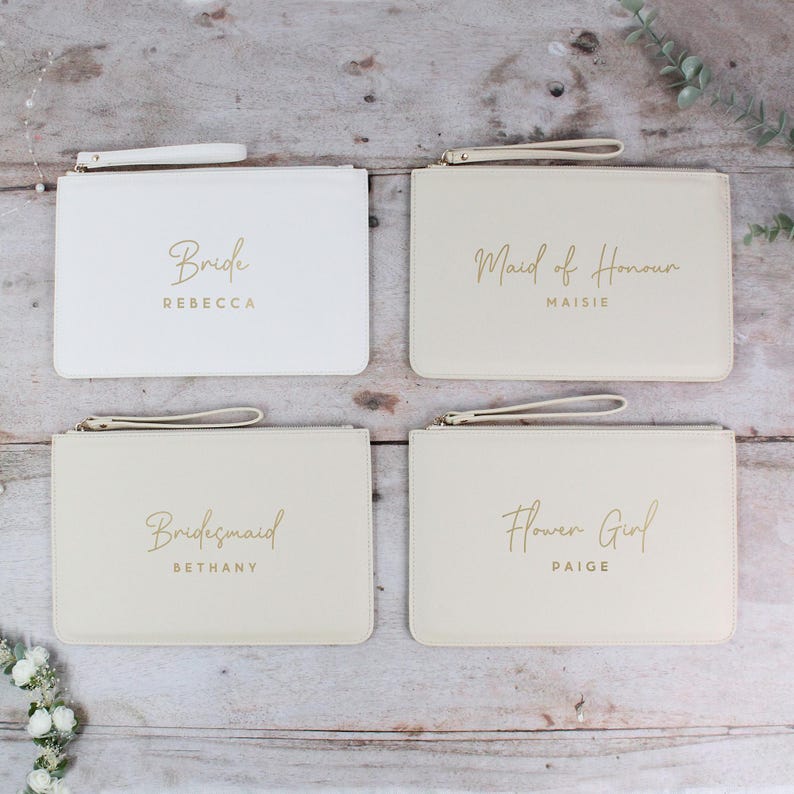 Personalised Bridesmaid Gift, PU Leather Wedding Role Clutch Bag with Name for Bridal Party, Gift for Bride To Be, Maid of Honour Present