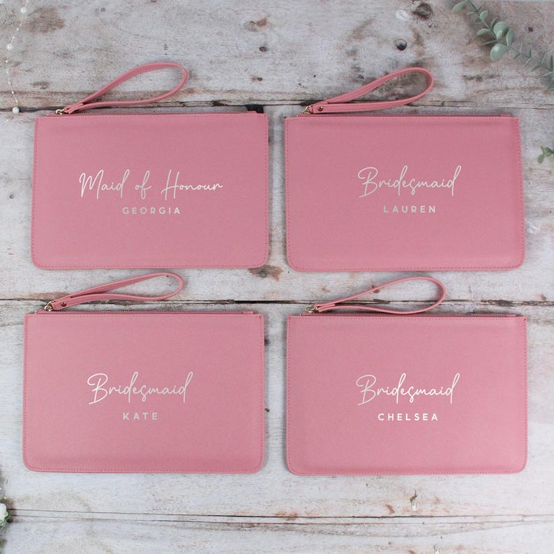 Personalised Bridesmaid Gift, PU Leather Wedding Role Clutch Bag with Name for Bridal Party, Gift for Bride To Be, Maid of Honour Present