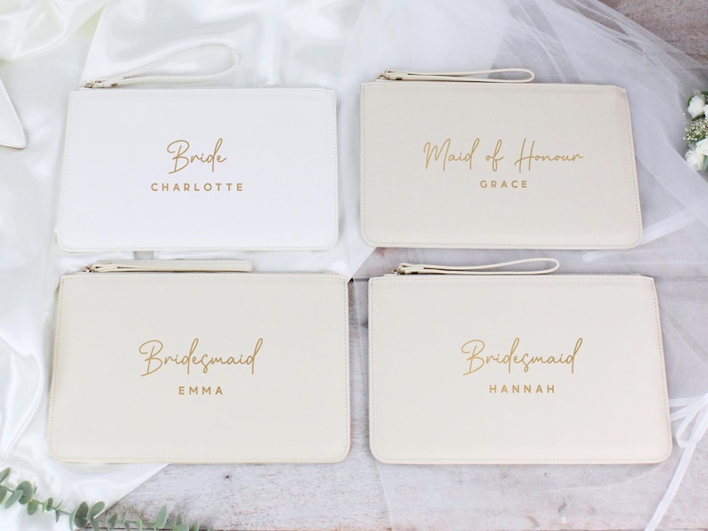 Personalised Bridesmaid Gift, PU Leather Wedding Role Clutch Bag with Name for Bridal Party, Gift for Bride To Be, Maid of Honour Present