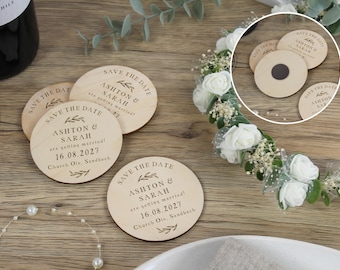 Save The Date-magneet | Gepersonaliseerde houten rustieke bruiloft bewaar-onze datum koelkastmagneet, bloemen berken trouwkaart, Save The Evening
