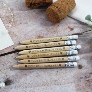 Personalised Bachelorette Pencils, Bridal Shower Pencils, Engraved Miniature Pencils, Wooden Pencils with Eraser, Bulk Pencil Hen Do Favours