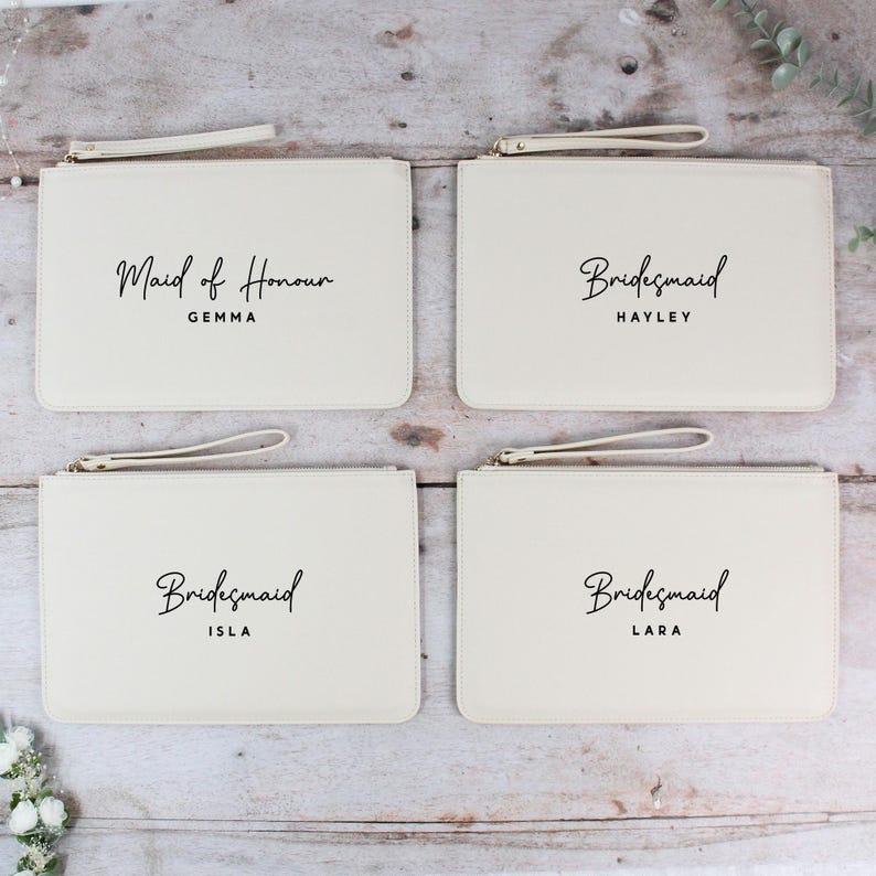 Personalised Bridesmaid Gift, PU Leather Wedding Role Clutch Bag with Name for Bridal Party, Gift for Bride To Be, Maid of Honour Present