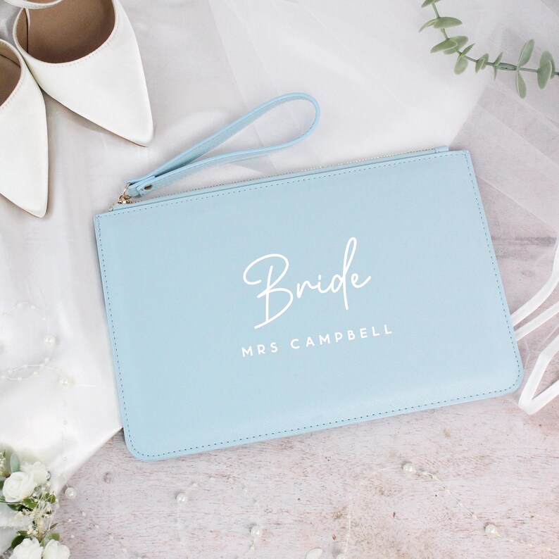 Personalised Bride Clutch Bag, Title & Married Name, PU Leather Wedding Clutch, Luxury Bridal Bag, Bride To Be Gift, Hen Gift, Honeymoon