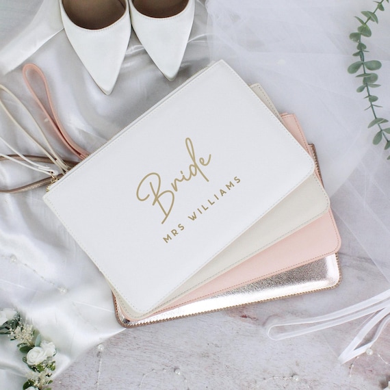Personalised Bride Clutch Bag, Title & Married Name, PU Leather Wedding Clutch, Luxury Bridal Bag, Bride To Be Gift, Hen Gift, Wristlet Bag