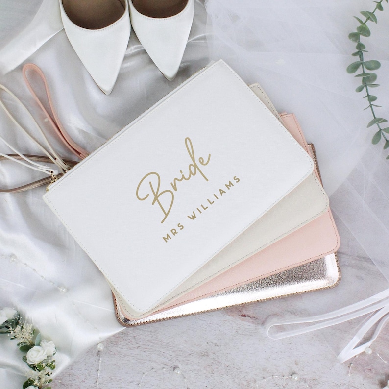 Personalised Bride Clutch Bag, Words Bride & New Married Surname, PU Leather Wedding Clutch, Luxury Bridal Bag, Bride To Be Gift, Hen Gift, Honeymoon