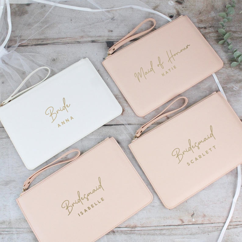 Personalised Bridesmaid Gift, PU Leather Wedding Role Clutch Bag with Name for Bridal Party, Gift for Bride To Be, Maid of Honour Present
