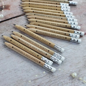 Personalised Hen Party Favours, Hen Party Pencils, Laser Engraved Minature Pencils, Wooden Pencils with Eraser, Bulk Pencil Hen Do Favours