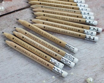 Personalised Hen Party Favours, Hen Party Pencils, Laser Engraved Minature Pencils, Wooden Pencils with Eraser, Bulk Pencil Hen Do Favours