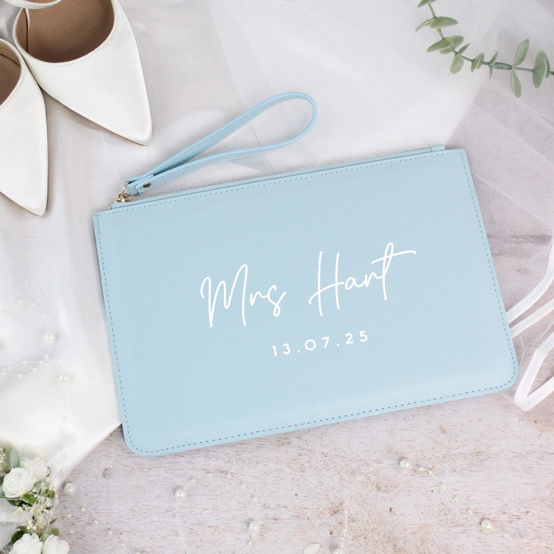 Personalised Mrs Purse, Clutch Gift for Bride To Be, Bride Wedding Bag, Wedding Date Clutch Bag with New Married Name, Bridal