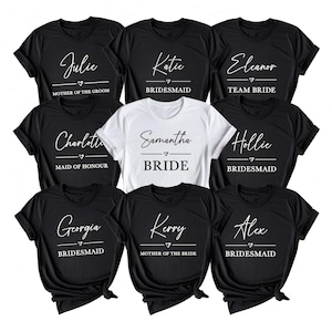 T-shirts vrijgezellenfeest gepersonaliseerd | Vrijgezellenfeest shirts | Witte overhemden voor bruid en bruidsmeisjes | Outfit teambruid | Zwarte vrijgezellenweekendtops vrijgezellenfeesten