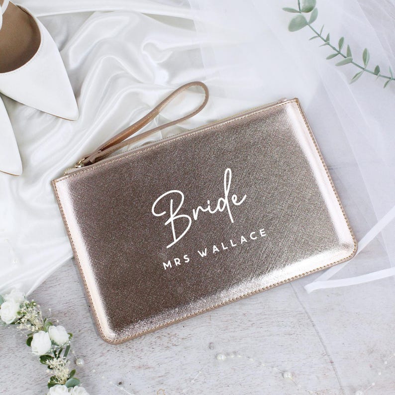 Personalised Bride Clutch Bag, Title & Married Name, PU Leather Wedding Clutch, Luxury Bridal Bag, Bride To Be Gift, Hen Gift, Honeymoon