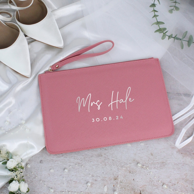 Personalised Mrs Purse, Clutch Gift for Bride To Be, Bride Wedding Bag, Wedding Date Clutch Bag with New Married Name, Bridal