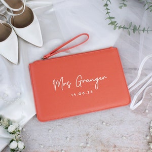Personalised Mrs Purse, Clutch Gift for Bride To Be, Bride Wedding Bag, Wedding Date Clutch Bag with New Married Name, Bridal