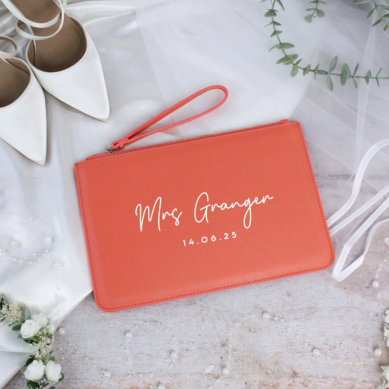 Personalised Mrs Purse, Clutch Gift for Bride To Be, Bride Wedding Bag, Wedding Date Clutch Bag with New Married Name, Bridal