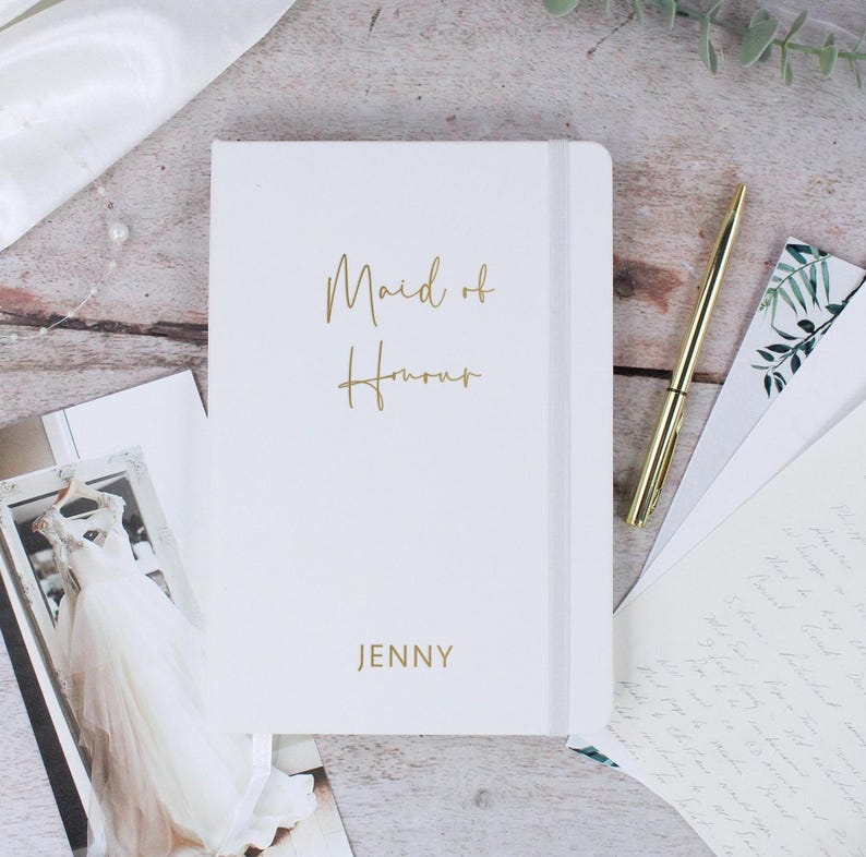 Maid of Honour Planner, Personalised Wedding Role White & Gold A5 Lined Notebook Journal To Do List Notes, Bridesmaids, Bride and Bridesmaid