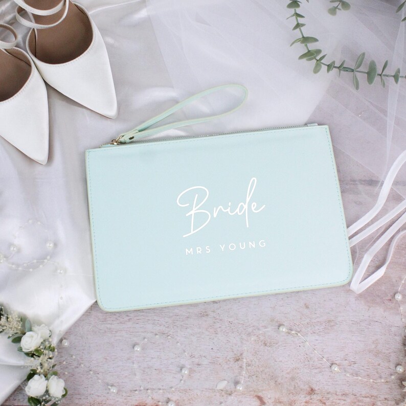 Personalised Bride Clutch Bag, Title & Married Name, PU Leather Wedding Clutch, Luxury Bridal Bag, Bride To Be Gift, Hen Gift, Honeymoon