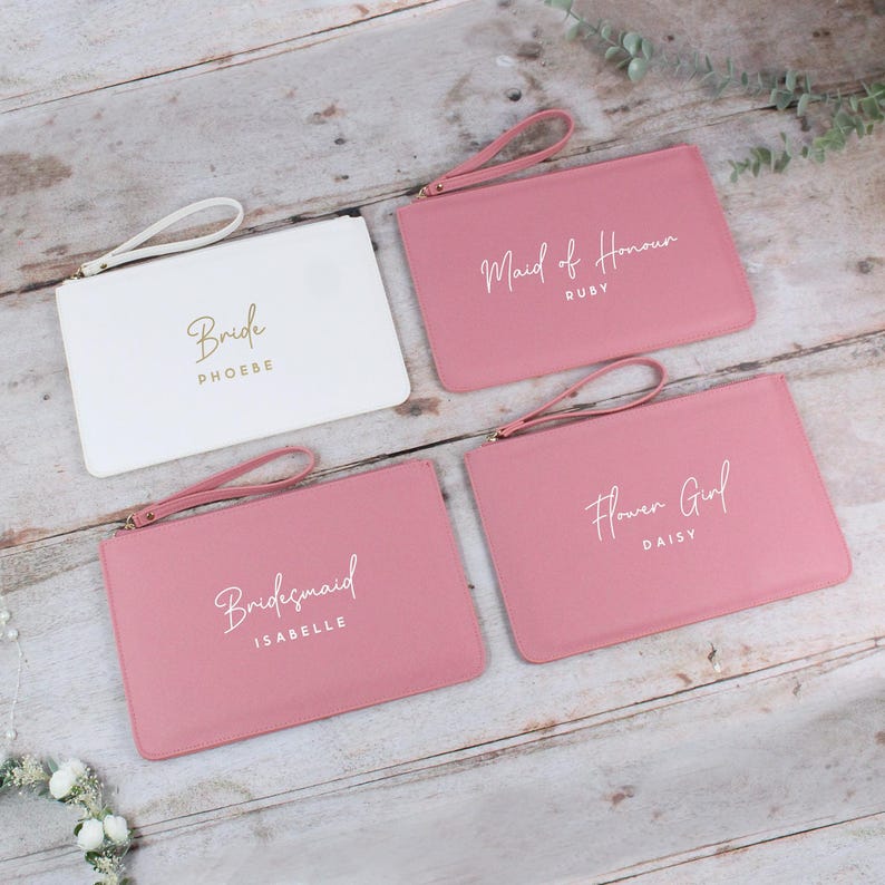 Personalised Bridesmaid Gift, PU Leather Wedding Role Clutch Bag with Name for Bridal Party, Gift for Bride To Be, Maid of Honour Present