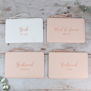 Personalised Bridesmaid Gift, PU Leather Wedding Role Clutch Bag with Name for Bridal Party, Gift for Bride To Be, Maid of Honour Present