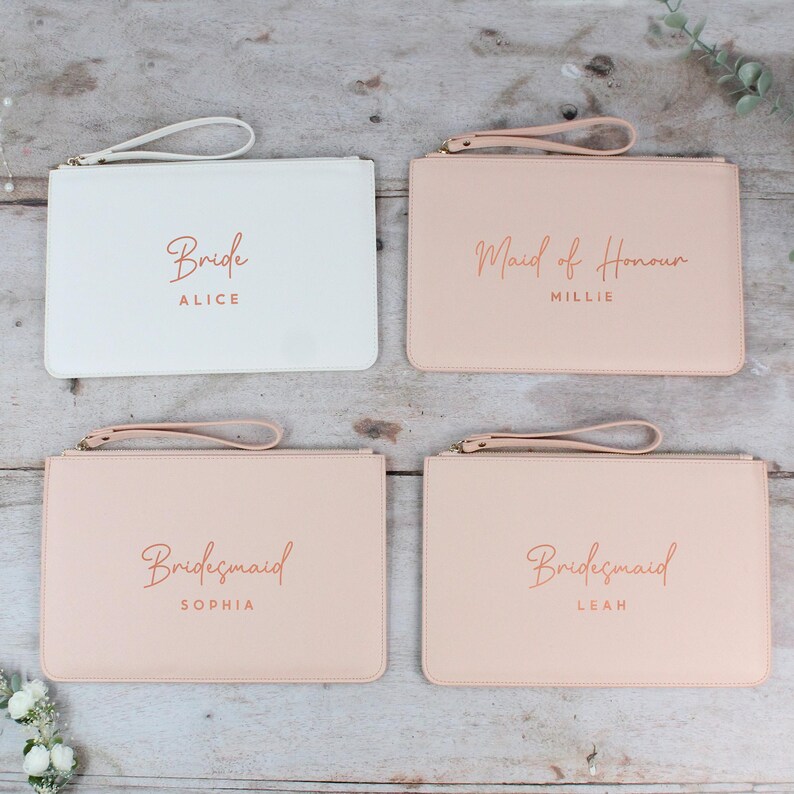 Personalised Bridesmaid Gift, PU Leather Wedding Role Clutch Bag with Name for Bridal Party, Gift for Bride To Be, Maid of Honour Present