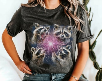 Four Raccoons Vintage Graphic tshirt, Raccoon Lovers, Funny Animal Tee, Oversized Grey Shirt, Retro Lightning Tshirt, Moon Shirt,Angry Storm