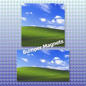 May include: Two images of a green grassy hill with a blue sky and white clouds. The text "Bumper Magnets" is superimposed on the images.