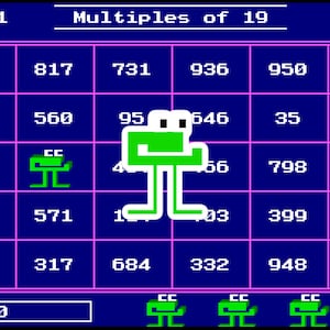 Pode incluir: Um personagem de sapo verde está em um fundo azul com uma grade de números. Os números são múltiplos de 19. O título da grade é "Multiples of 19".