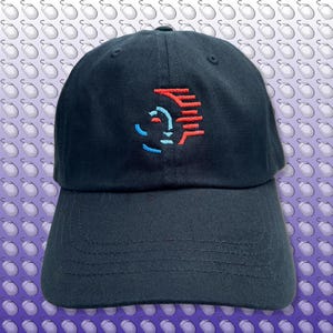 May include: A black baseball cap with a blue and red stylized logo embroidered on the front.