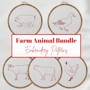 Farm Animal Embroidery Design Bundle, DIY Hand Stitch Redwork Pattern PDF Collection, Instant Download, Needlework Craft Project Set