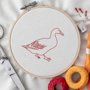 Duck Embroidery Design, DIY Hand Stitch Redwork Pattern PDF, Instant Download, Mallard Needlework Craft Project