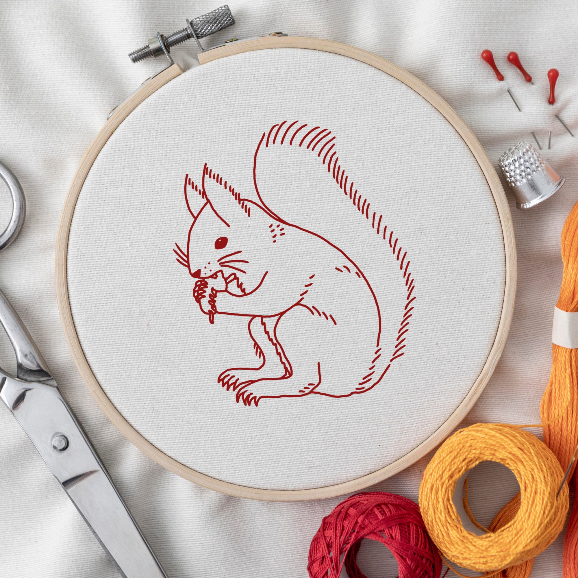 Squirrel Embroidery Design, DIY Hand Stitch Redwork Pattern PDF ...