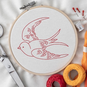 Flying Bird Embroidery Design, DIY Hand Stitch Redwork Pattern PDF, Instant Download, Folk Art Needlework Craft Project
