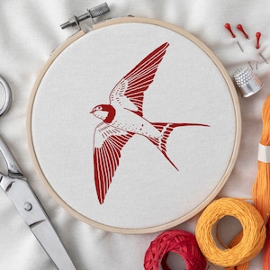 Swallow Bird Embroidery Design, DIY Hand Stitch Redwork Pattern PDF, Instant Download, Flying Bird Needlework Craft Project